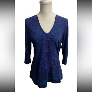 Johnny Was JWLA T-Shirt Size Large Blue Floral Embroidered Top 3/4 Sleeve V-neck